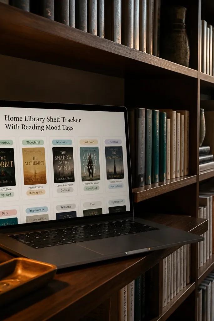 Book cards with mood tags like cozy, serious, and a shelf status field