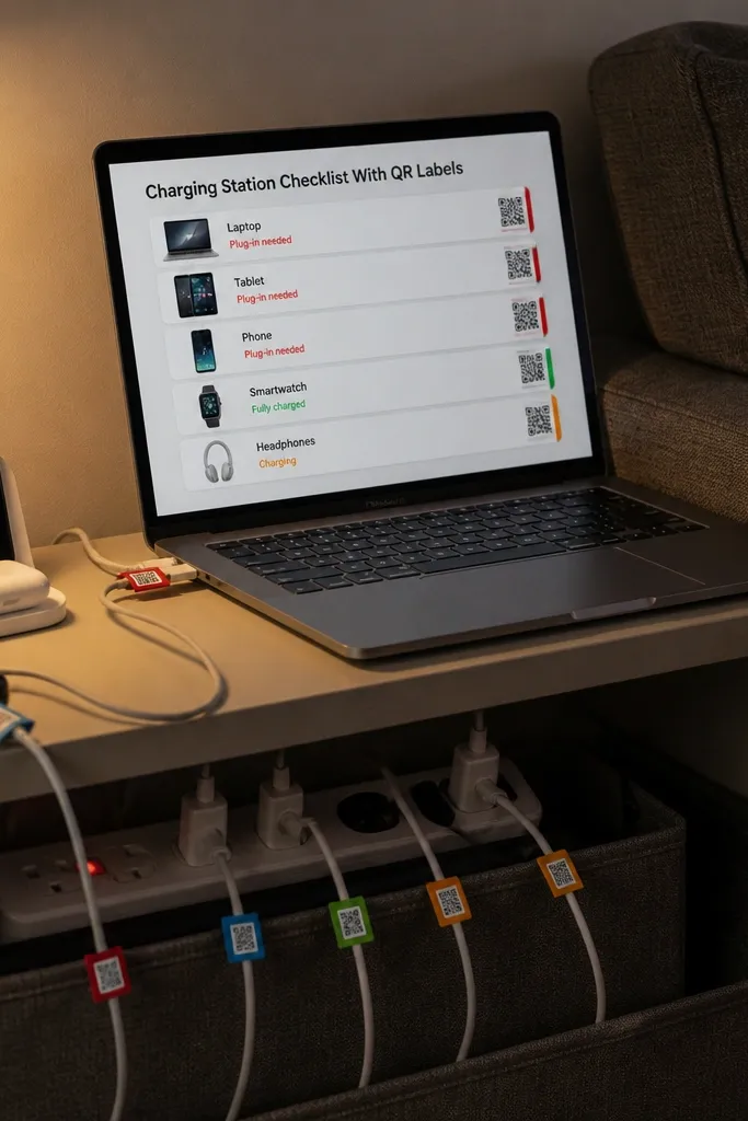 Charging station page with device cards and a QR code field