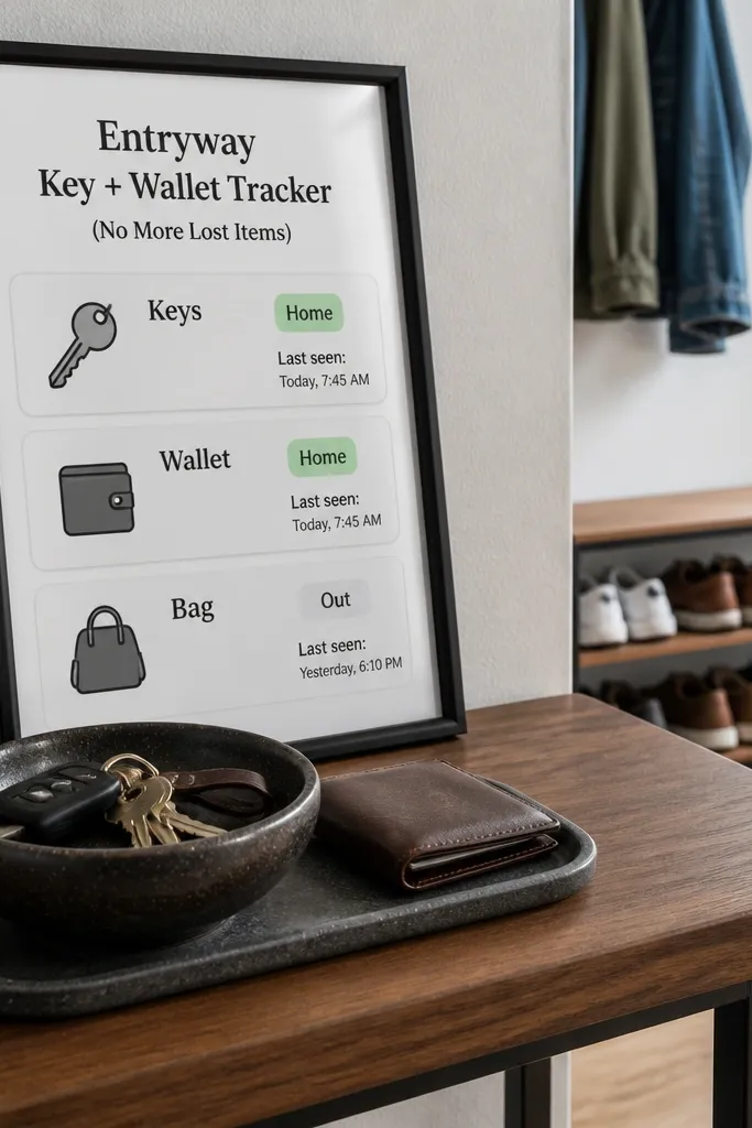 Entryway tracker page with three big cards for keys, wallet, and bag