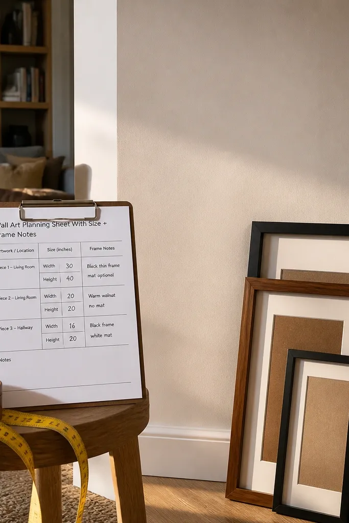 Wall art grid with frame types and measurements displayed on cards