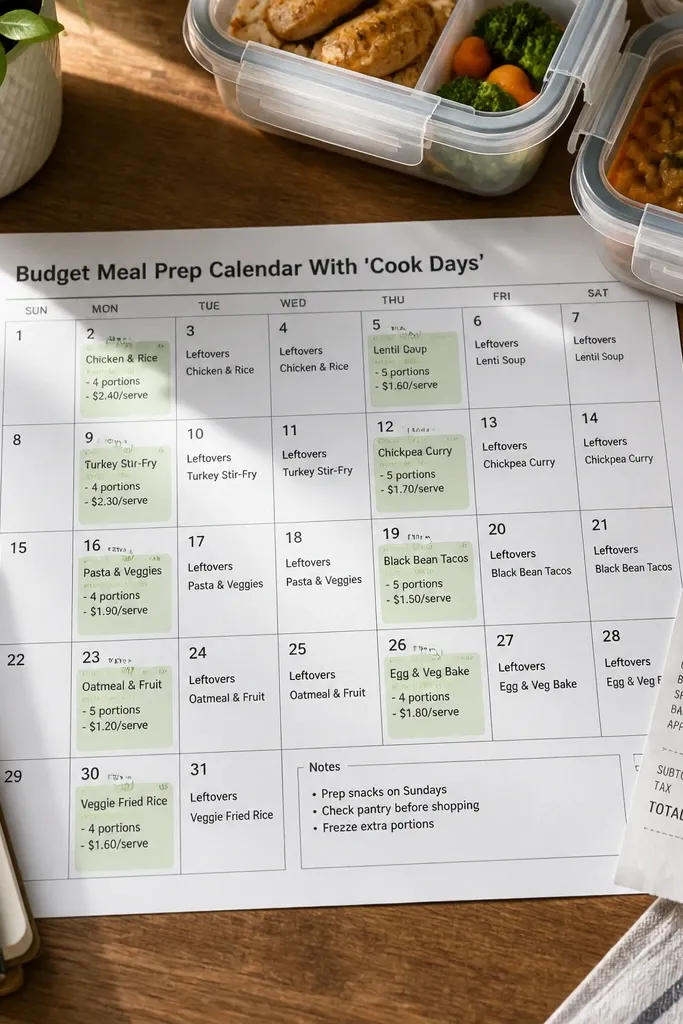 Calendar grid with highlighted cook days and recipe card thumbnails