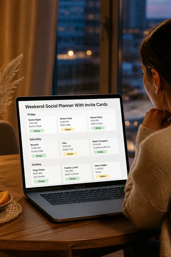 Weekend planning page with event cards and RSVP status pills