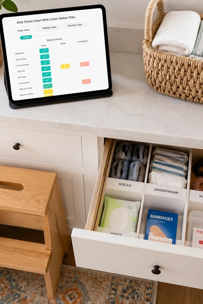 Chore tiles with color-coded statuses for morning and evening