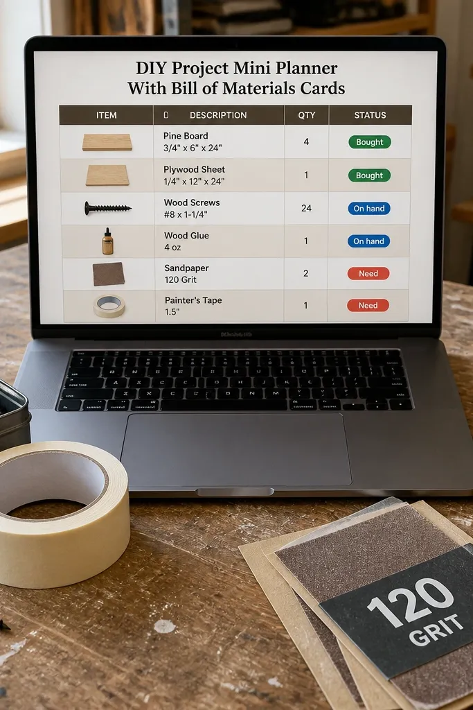 DIY project page with a materials card grid and simple status filter