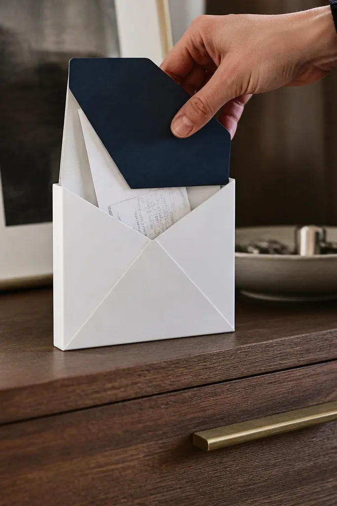 Origami box shaped like an envelope in gray with a flap closure