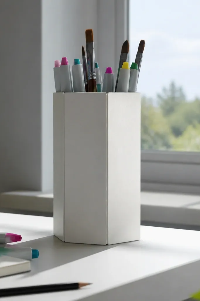 Tall origami box with three vertical panels in warm orange paper