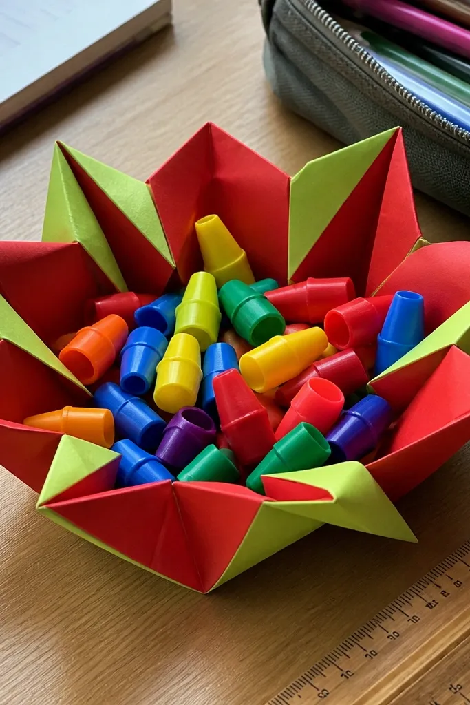 Starburst-shaped origami box in bright yellow with pointed top
