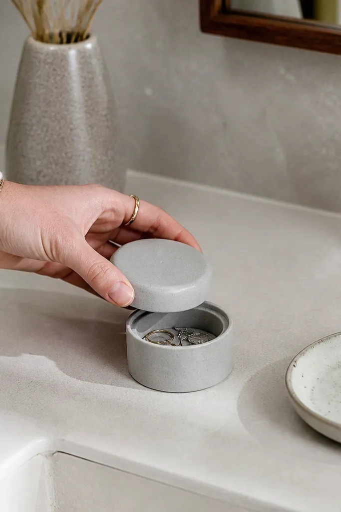 Round-lid style origami box made from folded panels in soft gray