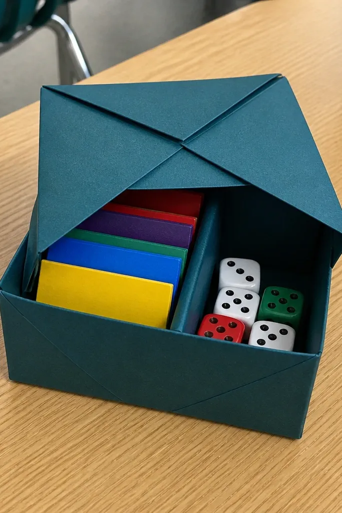 Gift-box style origami container with a neat top flap in red and white