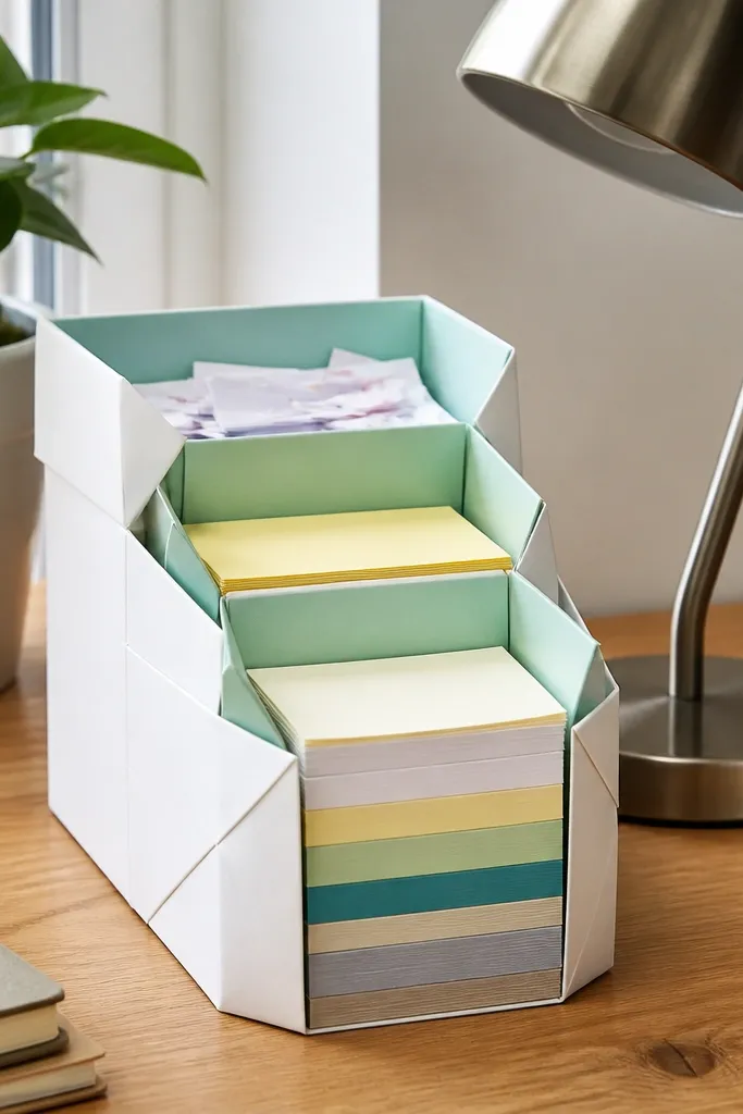 Waterfall-fold origami box holding layered post-its and small scraps