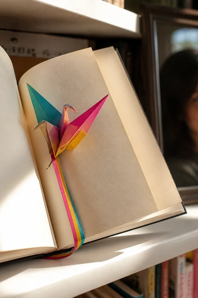 Colorful origami crane bookmark with a long tail and folded wings