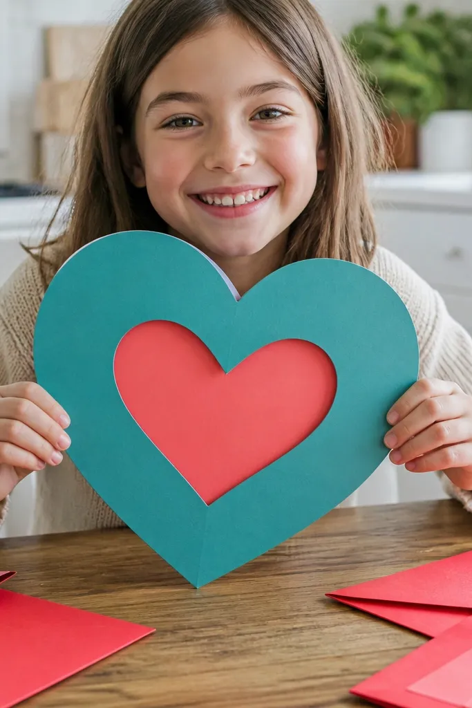 Big folded paper heart with a cut window shape in the center