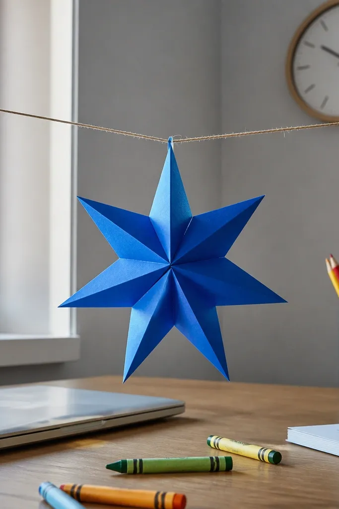 Small folded paper star with sharp points and a hole for string