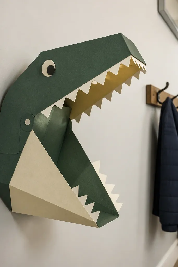 Folded paper dinosaur with a snap jaw and small teeth lines