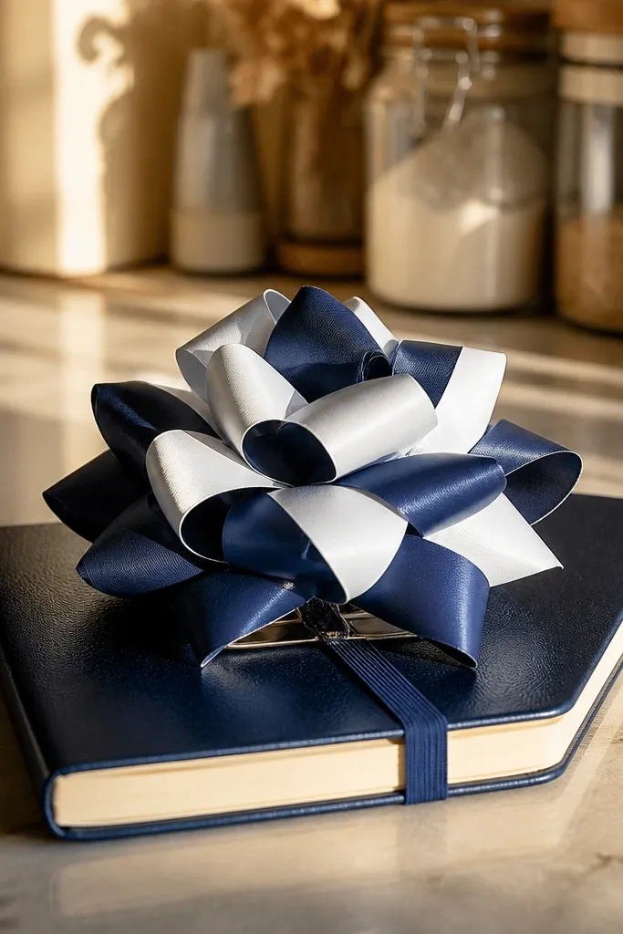 Folded paper bow with twisted ribbon loops and a tied center