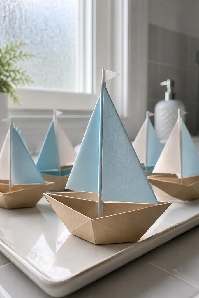 Small sailboat origami with a folded sail and tiny flag