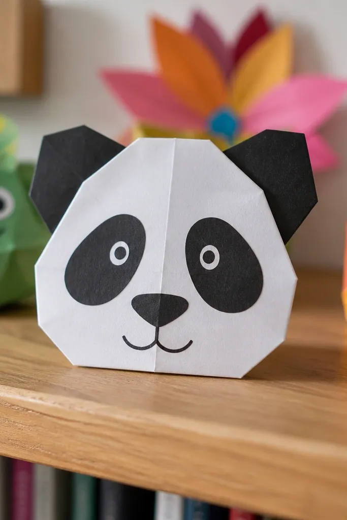 Folded panda face with black ear patches and a rounded head