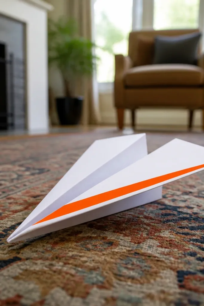 Folded jet plane with a contrasting wing stripe and sharp nose