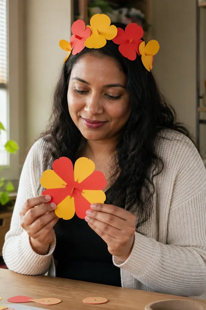 Paper flower headband with folded petals and a slot connector