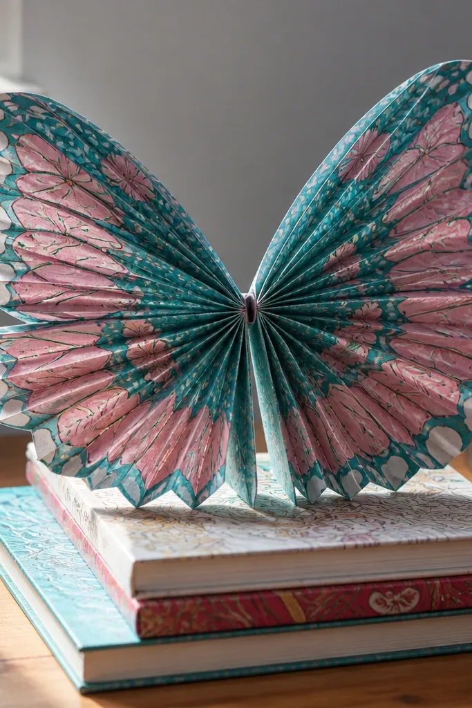 Accordion folded butterfly with symmetrical wings and a central body strip
