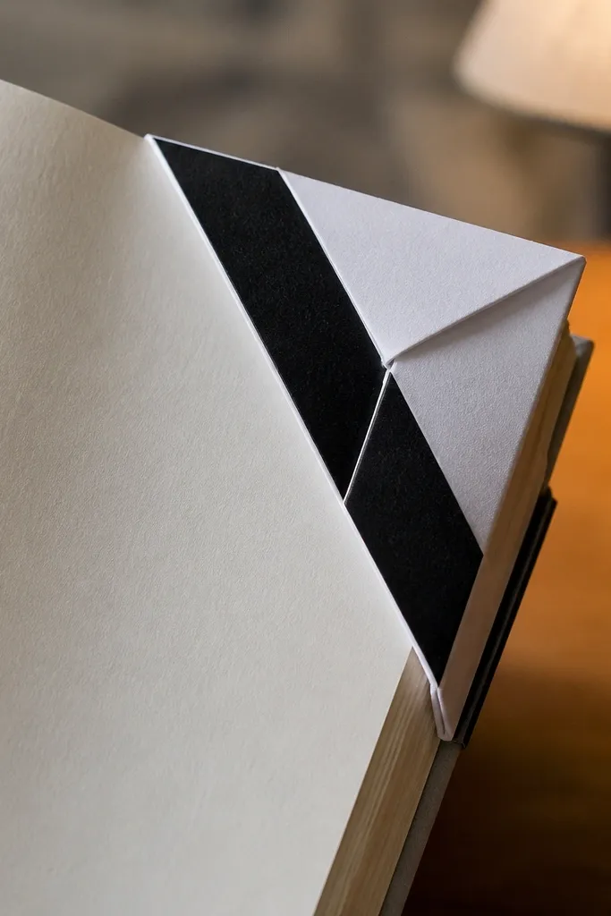 Folded geometric bookmark that has a corner pocket and sharp triangles