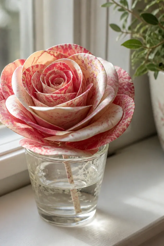 Folded paper rose with layered petals and curled-looking edges