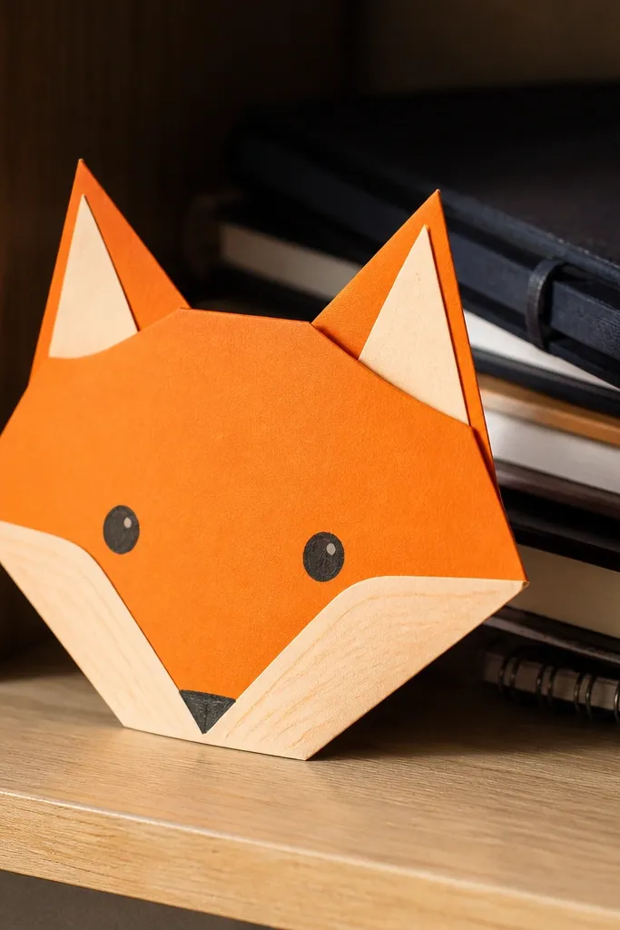 Folded fox face with sharp triangle ears and an orange-and-cream look