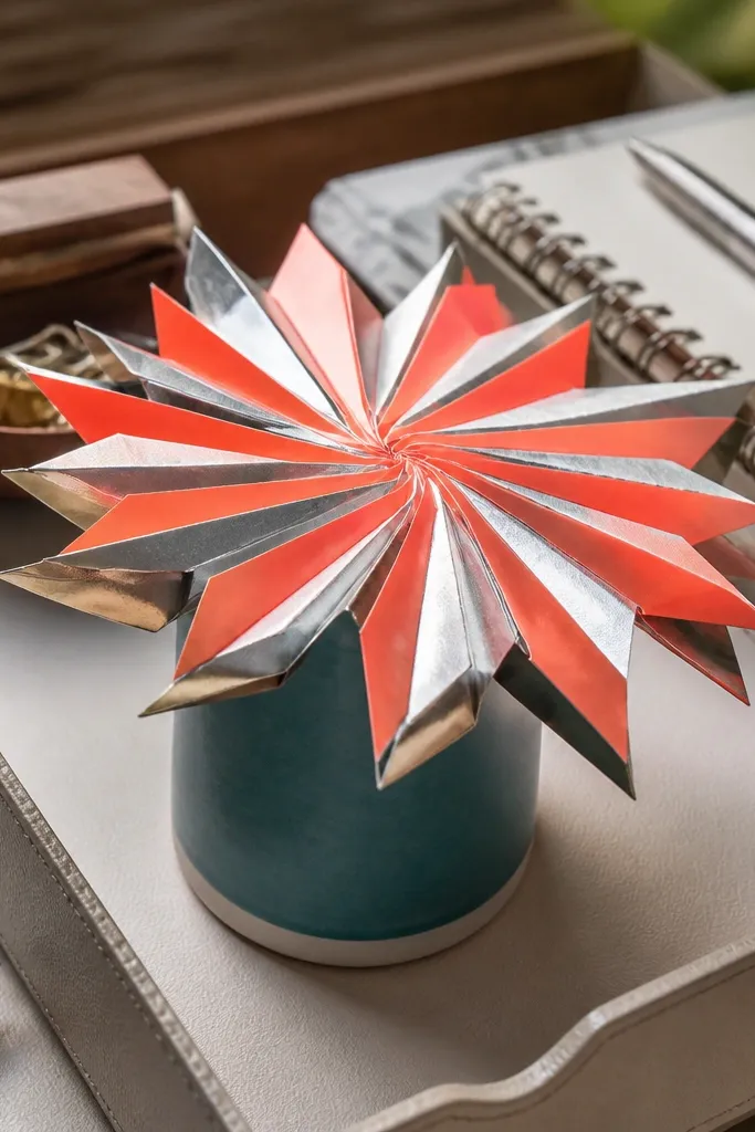 Folded paper starburst pinwheel with a central pin and folded rays