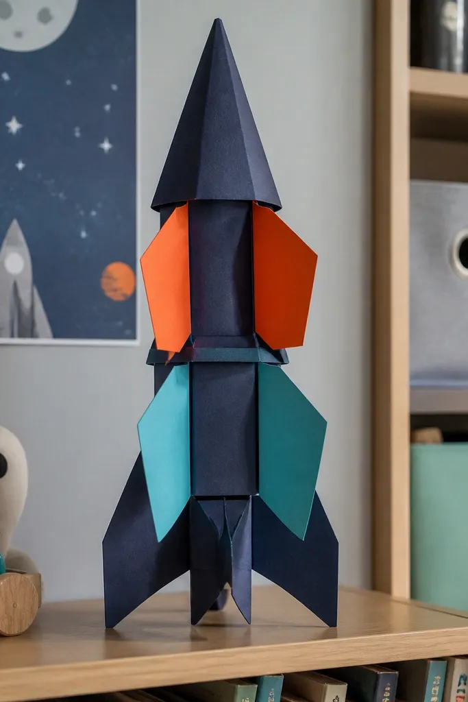 Folded rocket with a pointed nose and side stage flaps in contrasting colors