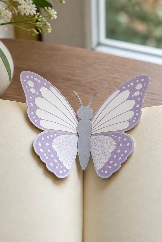 Butterfly-shaped paper bookmark with layered wings and a slim body