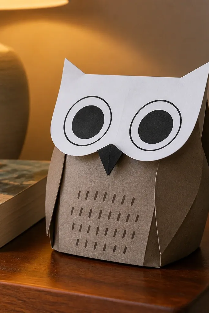 Folded owl with large circular eyes and a small flap body