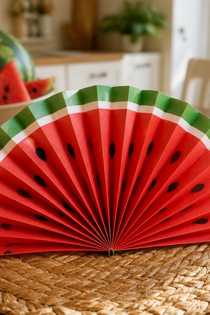 Folded paper watermelon slice with green rind and red striped segments