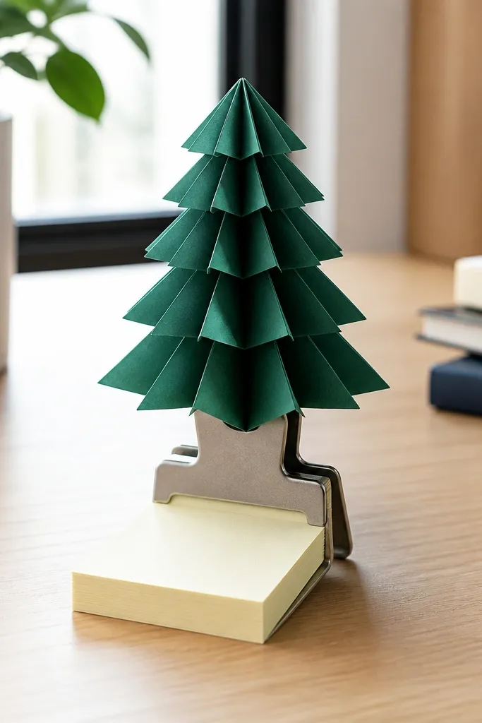 Folded paper Christmas tree with a clip base for holding notes