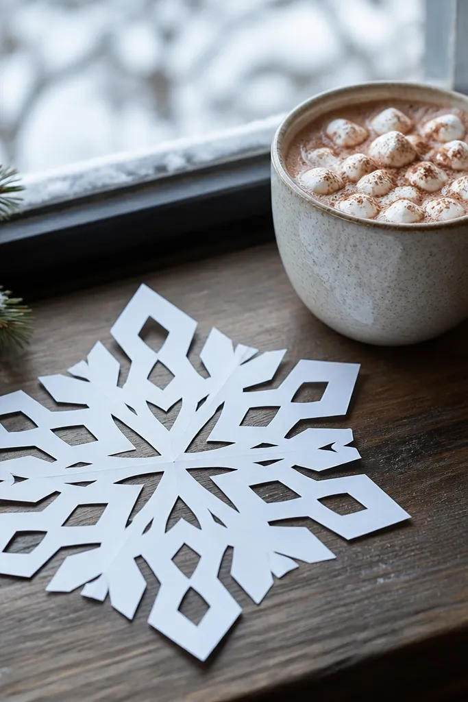 Folded paper snowflake with large cut-out shapes and sharp points