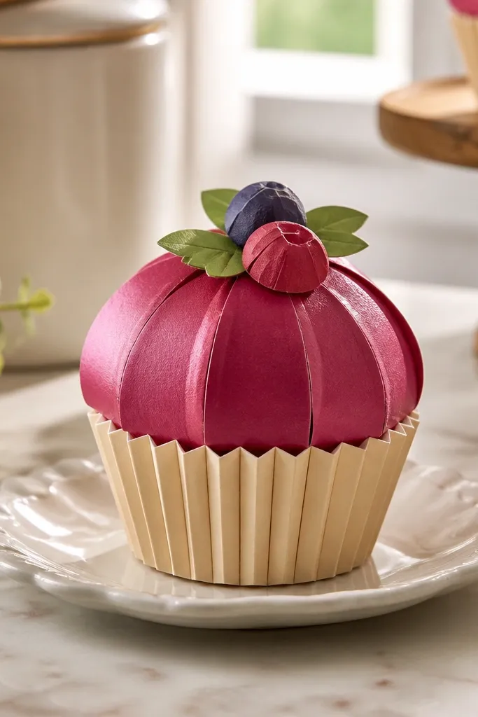 Small paper cupcake with berry frosting and a cherry top