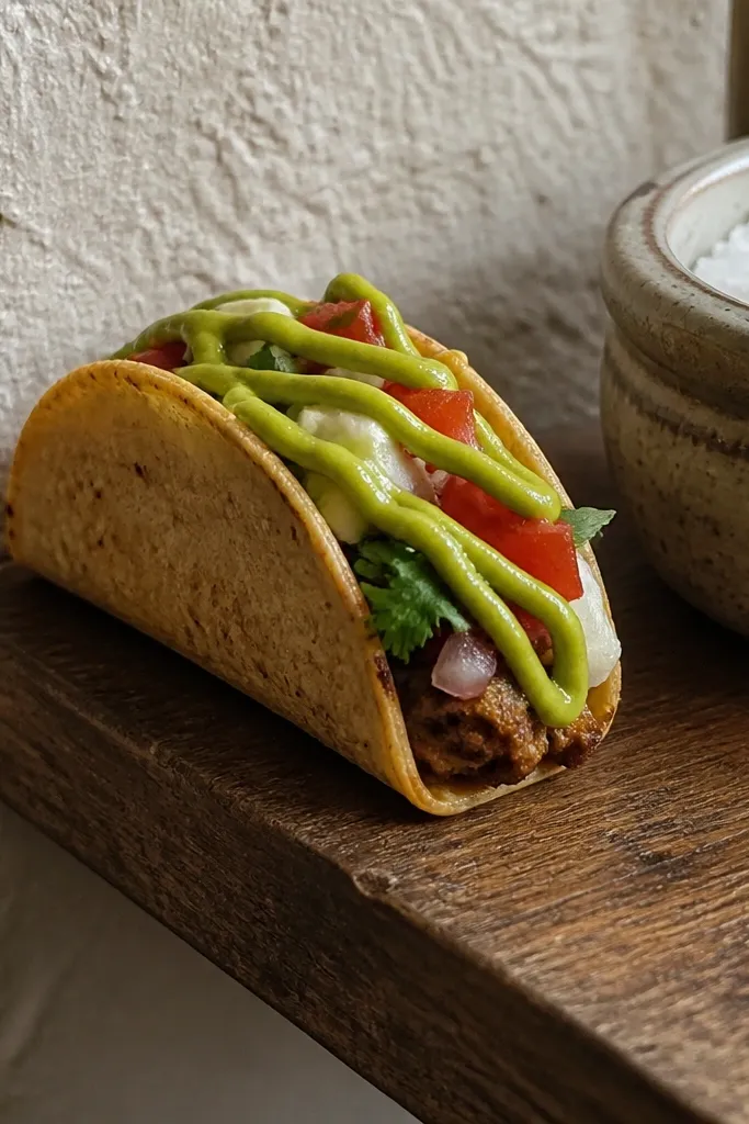 Triangular paper taco with green drippy accents
