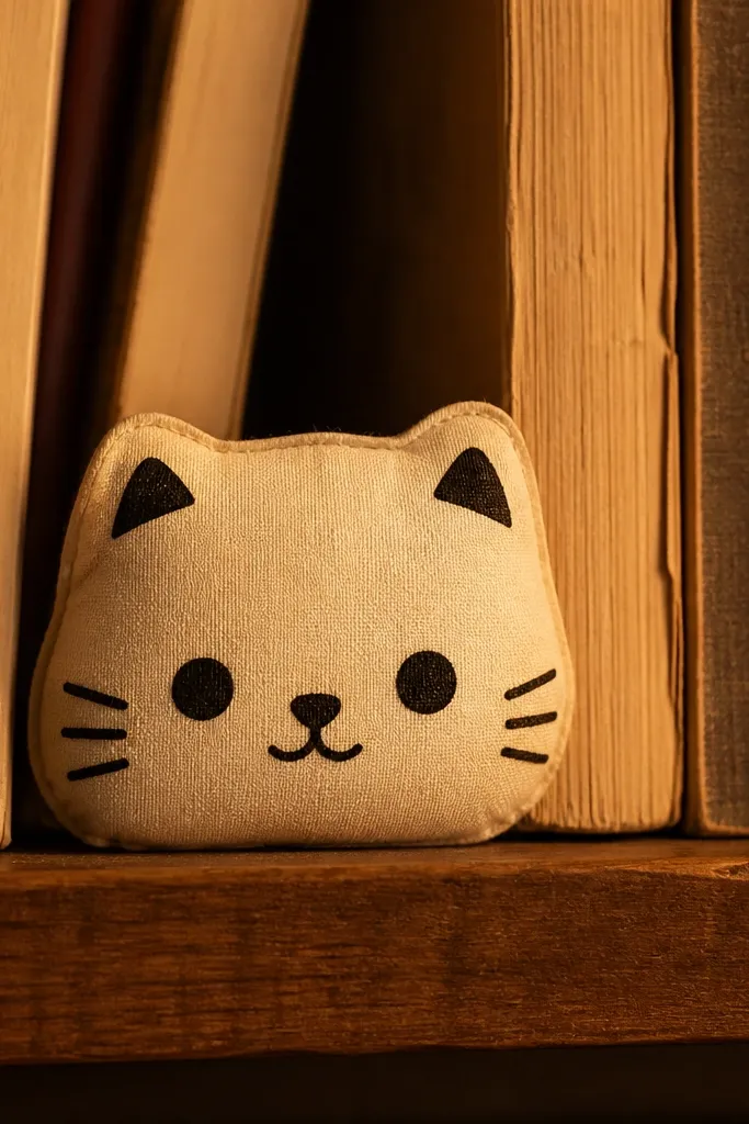 Tiny paper chibi cat face with ears and a smiling mouth