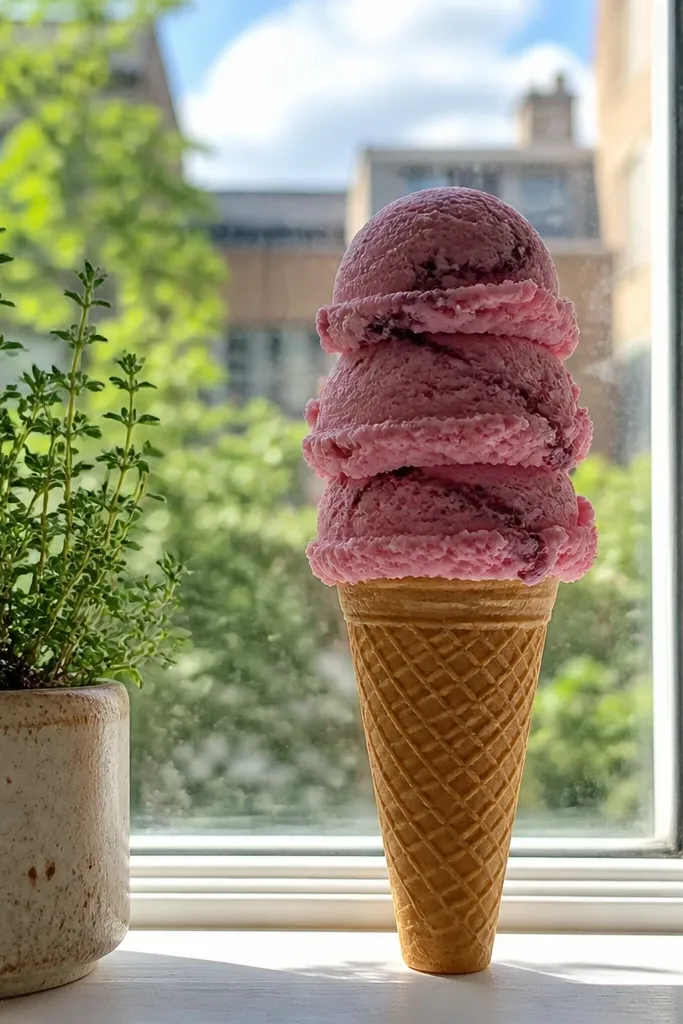 Paper ice cream cone with pink raspberry scoops