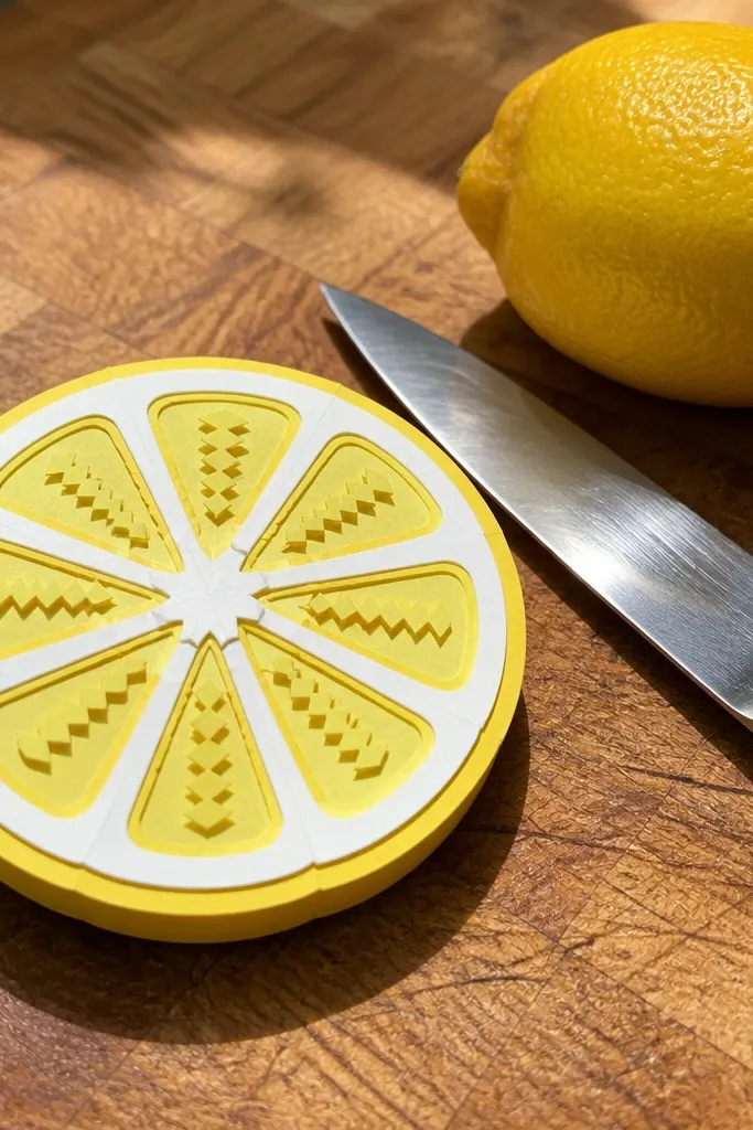 Paper lemon slice with yellow halves and zigzag seed dots