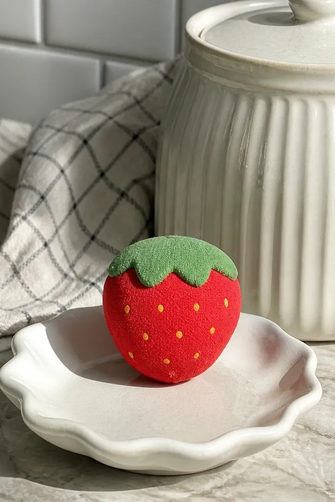 Paper strawberry squishy with red body and green leaf cap