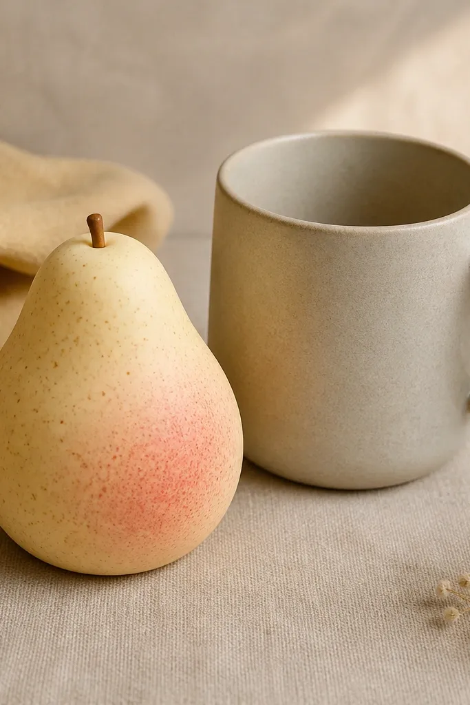 Paper pear squishy with blush shading and tiny speckles