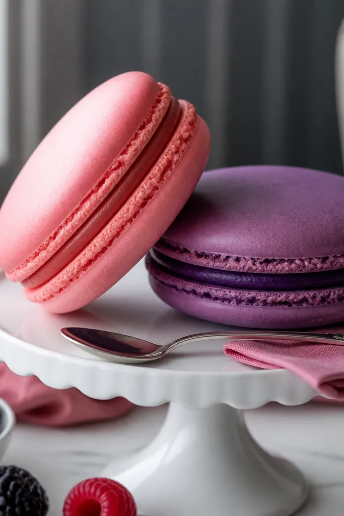 Two paper macarons with berry filling and a squishy stack
