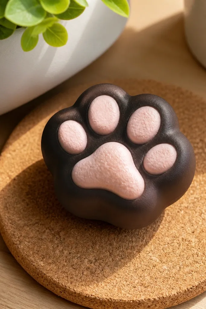 Paper cat paw squishy with five toe pads and soft puff center