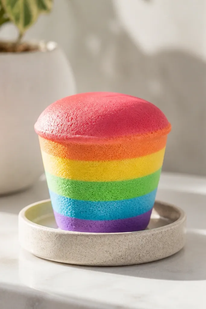 Paper sorbet cup with stacked rainbow stripes and a squishy top