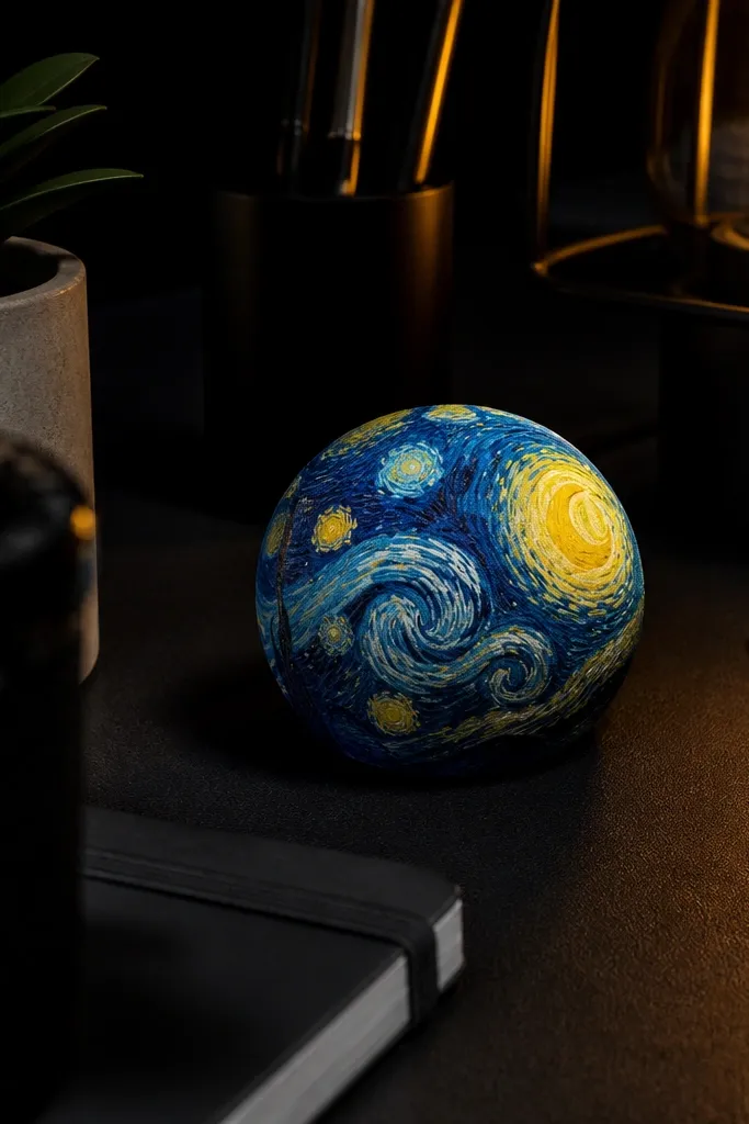 Paper planet squishy with star dots and a crescent highlight
