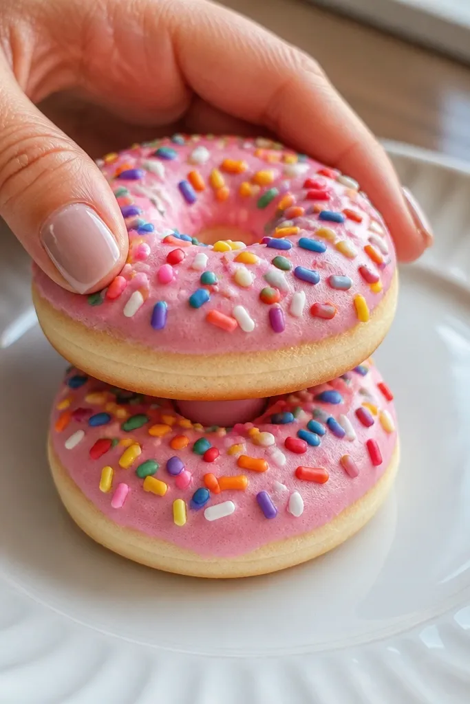 Paper stacked donuts with bright sprinkles and a soft puff