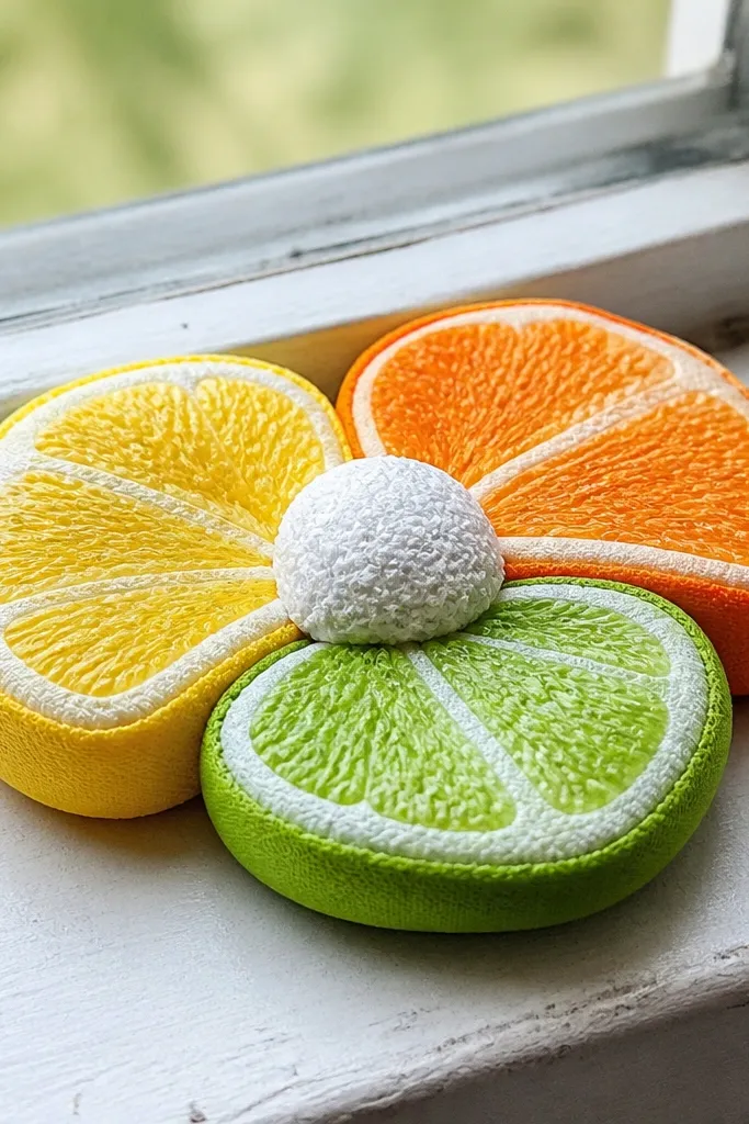 Three tiny paper citrus slices grouped together with squishy center