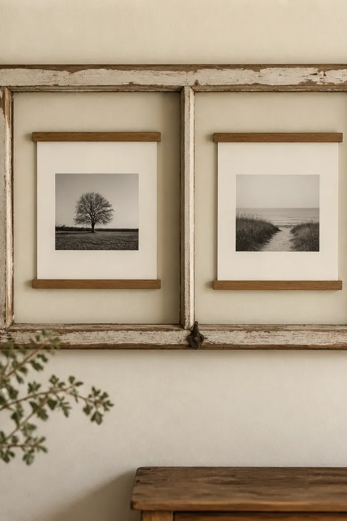 A repurposed wooden window sash hung on a wall with two small photos placed in adjacent panes, each photo backed by off-white paper and held by thin wooden strips.
