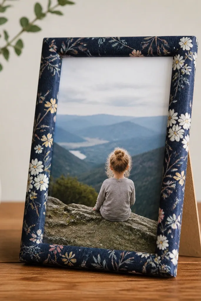 A lightweight frame made from flattened cereal box cardboard, wrapped around the front edge with a strip of patterned cotton fabric, holding a 4x6 photo.