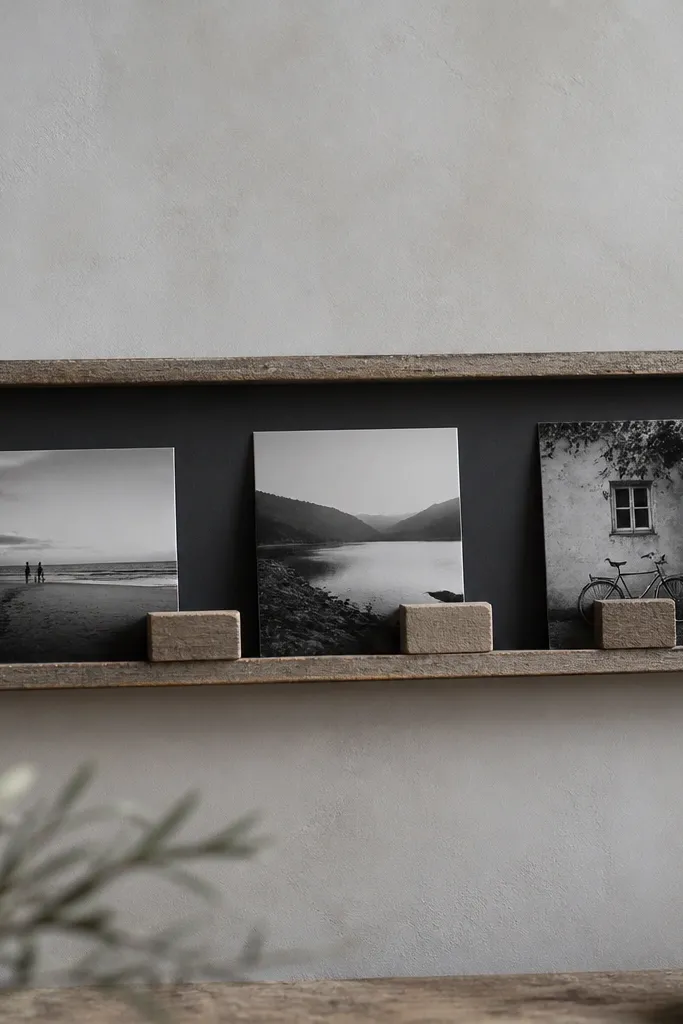A shallow thrift frame laid on a wall like a ledge, with three photos spaced by small sanded wood blocks and a thin backer panel painted charcoal.